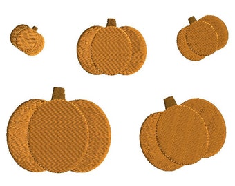 May include: An assortment of embroidered pumpkins in various sizes and orientations. The pumpkins are a warm orange colour with textured details, and each has a brown stem. The pumpkins are set against a plain white background.