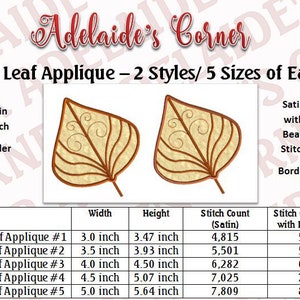 K&ouml;nnte beinhalten: Das Bild zeigt zwei gestickte Espenblatt-Designs mit einem Satinstich-Rand. Der Text lautet "Aspen Leaf Applique - 2 Styles/ 5 Sizes of Each." Die Abmessungen reichen von 7,6 cm bis 12,7 cm Breite und 8,8 cm bis 14,3 cm H&ouml;he.