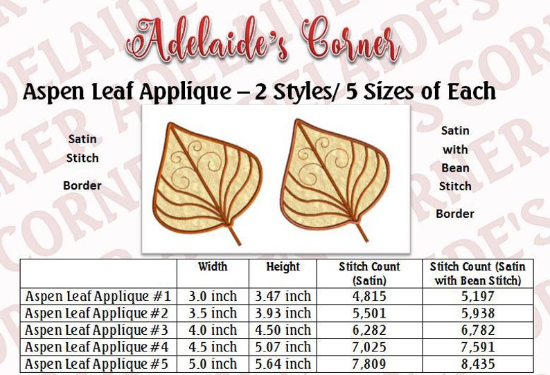 K&ouml;nnte beinhalten: Das Bild zeigt zwei gestickte Espenblatt-Designs mit einem Satinstich-Rand. Der Text lautet "Aspen Leaf Applique - 2 Styles/ 5 Sizes of Each." Die Abmessungen reichen von 7,6 cm bis 12,7 cm Breite und 8,8 cm bis 14,3 cm H&ouml;he.