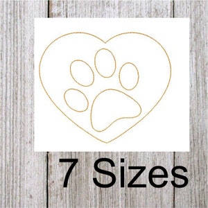 May include: A gold heart-shaped outline with a paw print inside. The text "7 Sizes" is below the heart.