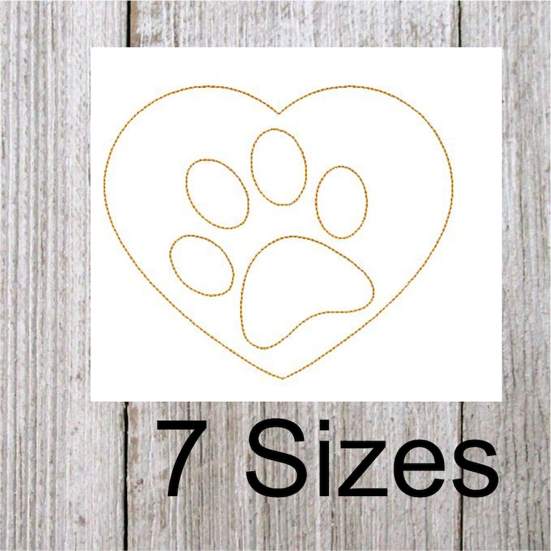May include: A gold heart-shaped outline with a paw print inside. The text "7 Sizes" is below the heart.