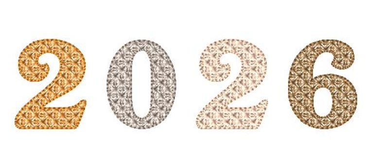 May include: The number 2026 is displayed in a decorative font. The digits are textured with a repeating pattern in shades of gold, silver, and beige, set against a white background. The overall design is clean and modern.