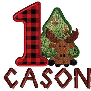 May include: Red and black buffalo plaid number one with a green pine tree and a brown moose in front of it. The name "CASON" is below the number.