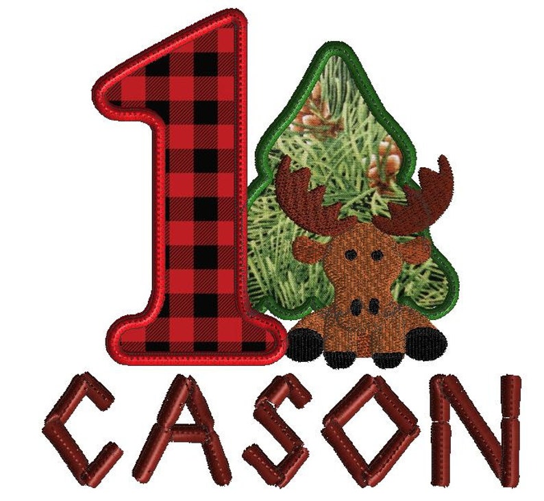 May include: Red and black buffalo plaid number one with a green pine tree and a brown moose in front of it. The name "CASON" is below the number.
