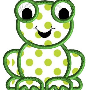 May include: A green frog with a white background and green polka dots. The frog has large black eyes and a wide smile.