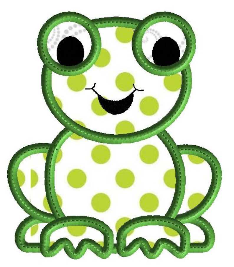 May include: A green frog with a white background and green polka dots. The frog has large black eyes and a wide smile.