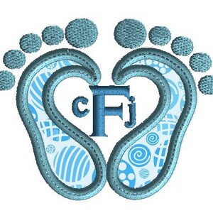 May include: Blue baby footprints with a heart in the center. The heart contains the letters "C F J" in blue.