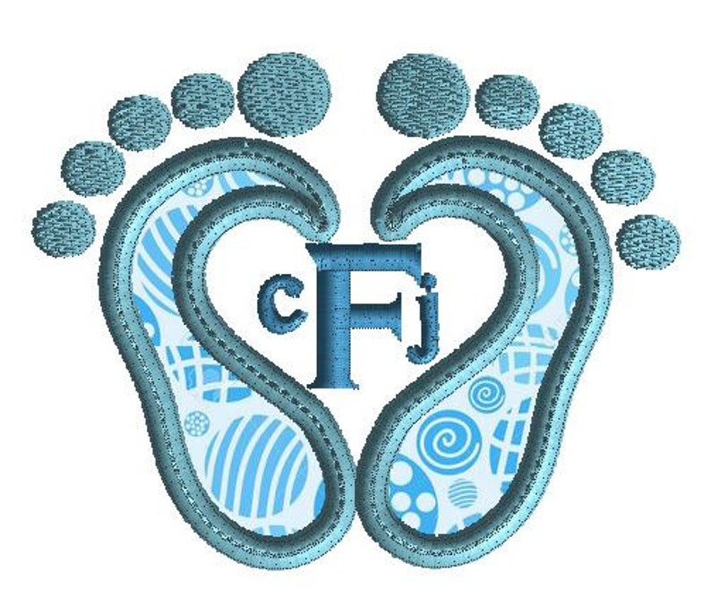 May include: Blue baby footprints with a heart in the center. The heart contains the letters "C F J" in blue.