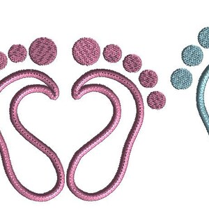 May include: Three pairs of embroidered baby footprints in green, pink, and blue. The footprints are in the shape of a heart.