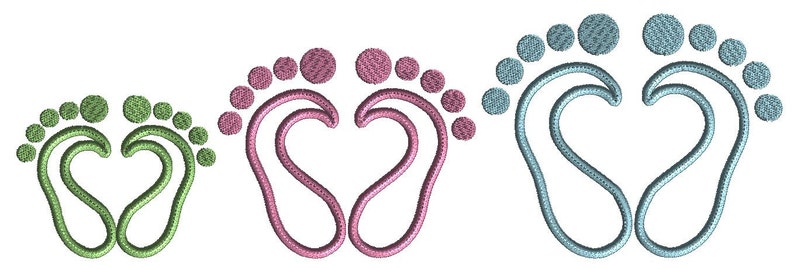 May include: Three pairs of embroidered baby footprints in green, pink, and blue. The footprints are in the shape of a heart.