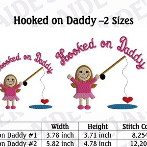 May include: Two embroidery designs of a girl holding a fishing rod with the text "Hooked on Daddy" above her. The designs are available in two sizes: 3.78 inches wide by 3.71 inches high and 5.82 inches wide by 4.78 inches high. The stitch counts are 8,254 and 12,207 respectively.