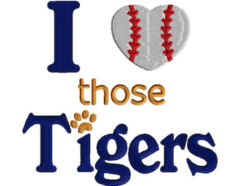 Diseño de bordado a máquina de tigres, me encantan esos diseños de bordado de tigres, diseño de bordado de béisbol con puntada rellena, 3 tamaños