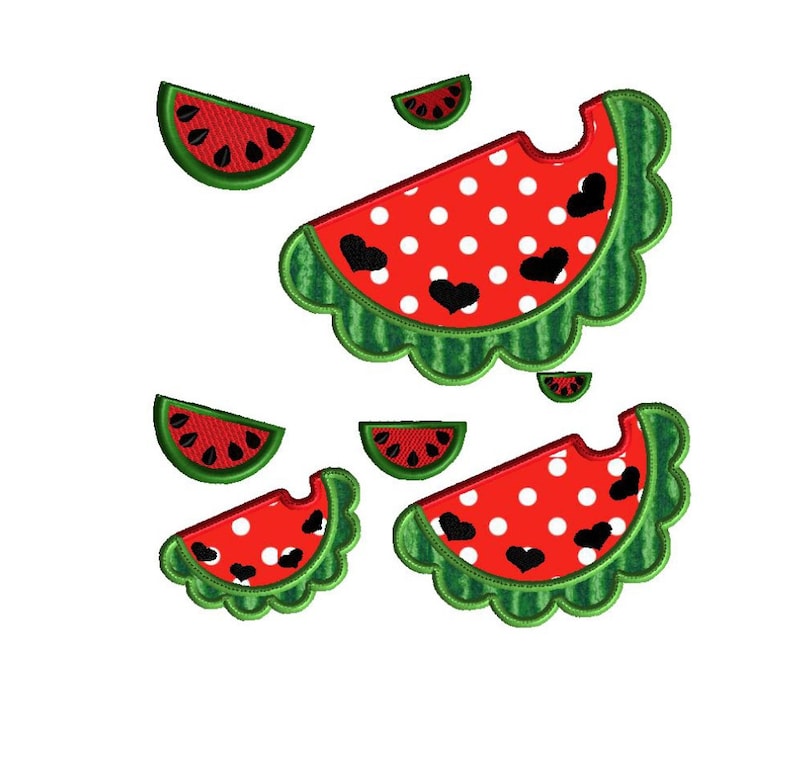 K&ouml;nnte beinhalten: Ein Set aus f&uuml;nf wassermelonenf&ouml;rmigen Patches mit wei&szlig;en Punkten und schwarzen Herzen. Die Patches sind in verschiedenen Gr&ouml;&szlig;en und perfekt, um jedem Projekt einen Hauch von Sommerspa&szlig; zu verleihen.