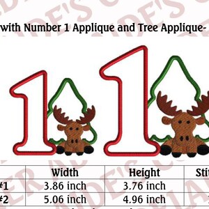 May include: Two embroidered designs of the number 1 with a moose and a tree applique. The smaller design is 3.86 inches wide and 3.76 inches tall with 9,083 stitches. The larger design is 5.06 inches wide and 4.96 inches tall with 12,986 stitches.