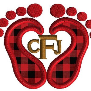 May include: Red and black buffalo plaid baby footprints with a gold heart in the center. The heart has the initials "CFJ" inside.