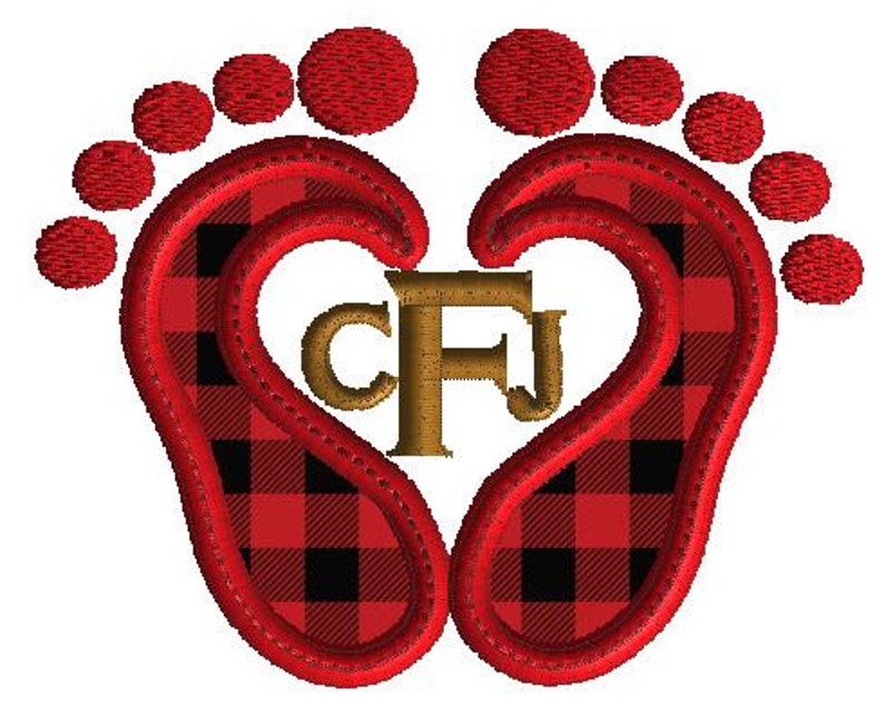 May include: Red and black buffalo plaid baby footprints with a gold heart in the center. The heart has the initials "CFJ" inside.