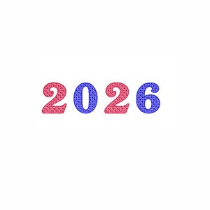 May include: The number 2026 in a decorative font, with the numbers 2 and 6 in red and the numbers 0 and 2 in blue. Each number has a patterned design. The background is white.
