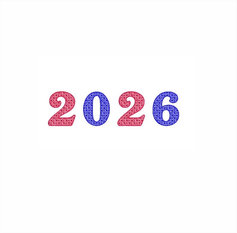 May include: The number 2026 in a decorative font, with the numbers 2 and 6 in red and the numbers 0 and 2 in blue. Each number has a patterned design. The background is white.