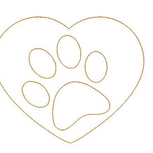 May include: A gold paw print inside a heart shape. The paw print is outlined with a dashed line.