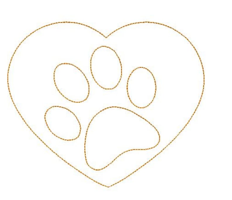 May include: A gold paw print inside a heart shape. The paw print is outlined with a dashed line.