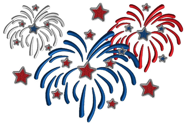 May include: A digital illustration of fireworks in red, white, and blue. The fireworks are in the shape of stars and are exploding in the air.