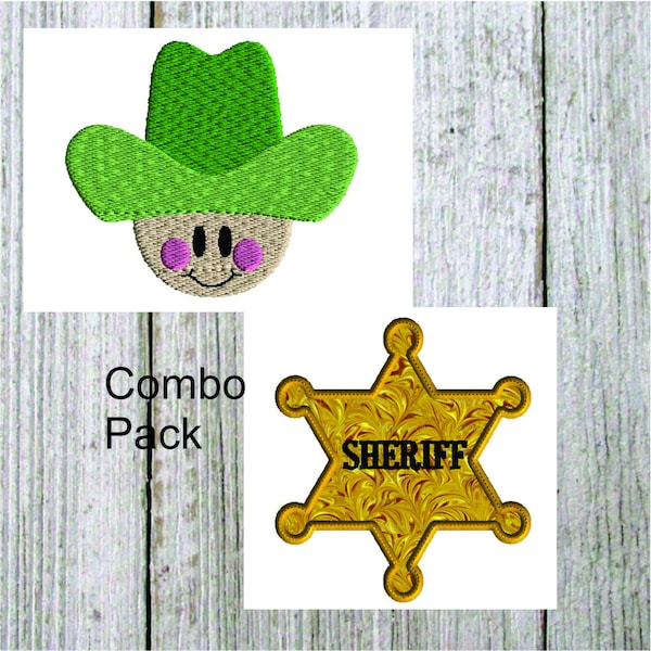 Cowboy Combo Pack Embroidery Designs, 5 size filled stitch Cowboy, 15 sizes sheriff badge applique,