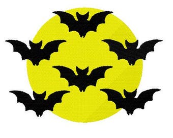 Moon and Bats Halloween Machine Embroidery Design , 3 sizes, Filled Stitch