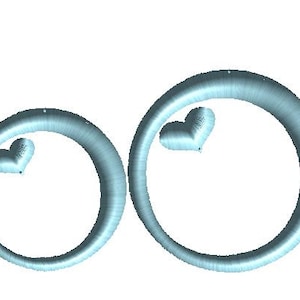 May include: Five blue circles with a small white heart inside each circle. The circles increase in size from left to right.