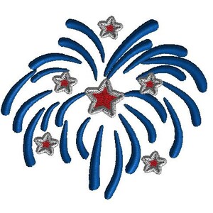 May include: Blue and red fireworks with white outlines. The fireworks are in the shape of a burst with five stars.