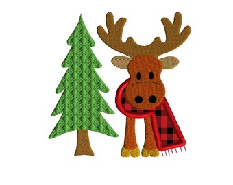 Embroidery design, Moose with scarf applique, 2 size machine embroidery design, winter design, moose design, winter embroidery, baby design