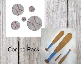 Baseball and Baseball Bat Combo Pack, Baseball mini comes 5 sizes, Baseball Bat comes 12 sizes. Both are filled stitch embroidery designs