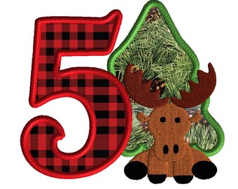 5th birthday embroidery design, Moose with 5 applique, digital download