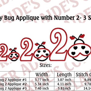 Peut inclure: Un tableau montrant la largeur, la longueur et le nombre de points pour trois tailles d'un motif d'applique de coccinelle. Le motif repr&eacute;sente le chiffre 2 avec une coccinelle de chaque c&ocirc;t&eacute;. Les tailles sont de 3,77 pouces par 3,07 pouces, 5,34 pouces par 4,11 pouces et 7,40 pouces par 5,81 pouces.