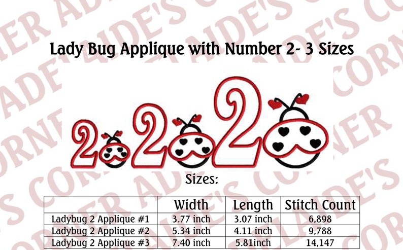 Peut inclure: Un tableau montrant la largeur, la longueur et le nombre de points pour trois tailles d'un motif d'applique de coccinelle. Le motif repr&eacute;sente le chiffre 2 avec une coccinelle de chaque c&ocirc;t&eacute;. Les tailles sont de 3,77 pouces par 3,07 pouces, 5,34 pouces par 4,11 pouces et 7,40 pouces par 5,81 pouces.