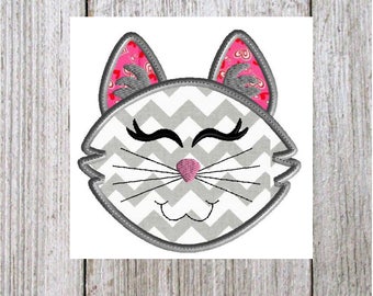 Cat Face Applique Embroidery Design, Bean Stitch and Satin Stitch (Digital Download)