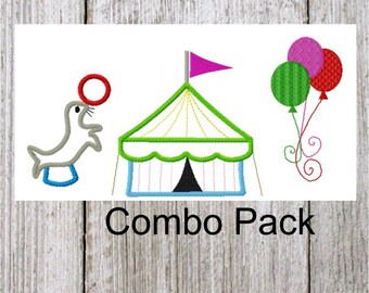 Circus Combo Pack Embroidery Designs, 3 designs, 3 sizes each designs, tent design, seal design, balloon design,