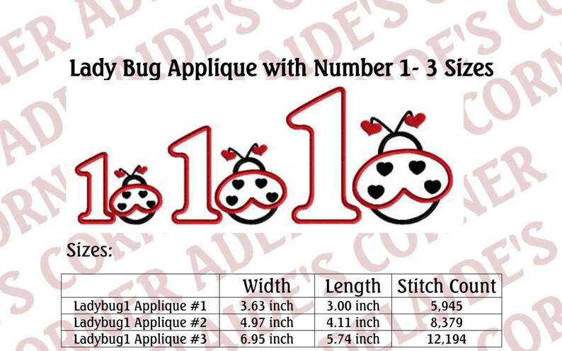 May include: Three different sizes of a red number one with a ladybug applique. The ladybug is black with red spots and white wings. The sizes are 3.63 inches by 3.00 inches, 4.97 inches by 4.11 inches, and 6.95 inches by 5.74 inches.