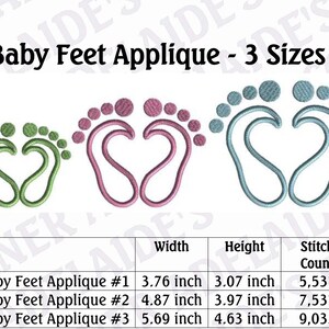 May include: Three different sizes of baby feet applique embroidery designs. The designs are in green, pink, and blue. The designs are 3.76 inches wide by 3.07 inches tall, 4.87 inches wide by 3.97 inches tall, and 5.69 inches wide by 4.63 inches tall. The stitch counts are 5,537, 7,531, and 9,033.