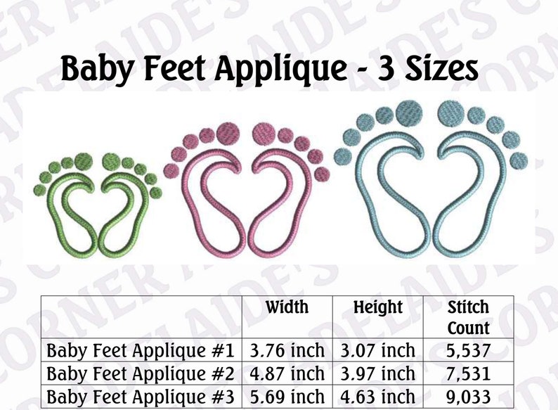 May include: Three different sizes of baby feet applique embroidery designs. The designs are in green, pink, and blue. The designs are 3.76 inches wide by 3.07 inches tall, 4.87 inches wide by 3.97 inches tall, and 5.69 inches wide by 4.63 inches tall. The stitch counts are 5,537, 7,531, and 9,033.