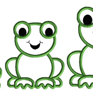 May include: Three green outline frogs of different sizes, with black eyes and smiling mouths. The frogs are sitting with their legs outstretched.