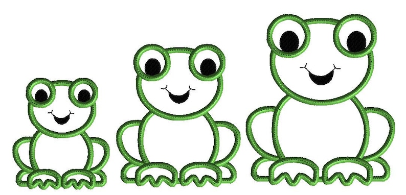 May include: Three green outline frogs of different sizes, with black eyes and smiling mouths. The frogs are sitting with their legs outstretched.