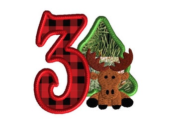 Third Birthday Machine Embroidery design, 3rd Birthday  Moose and 3 applique, 2 sizes, fits 4 x 4 inch hoop  and 5 x 7 inch hoop.