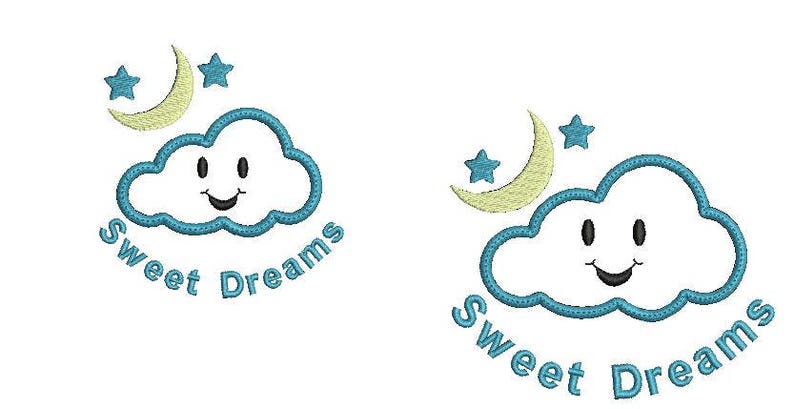 Puede incluir: Dos nubes azules con caras sonrientes, cada una con una luna creciente amarilla y estrellas arriba. El texto "Sweet Dreams" est&aacute; escrito debajo de cada nube.