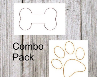 Dog Outline Combo Pack, Paw Print in 8 sizes, Dog Bone in 7 sizes, quilting outlines, pet embroidery, machine embroidery design