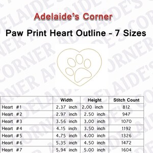 May include: A chart showing seven different sizes of paw print heart outlines with their corresponding width, height, and stitch count in inches. The chart is titled "Paw Print Heart Outline - 7 Sizes".
