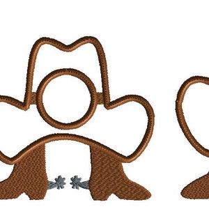 May include: Three brown cowboy hats with brown boots and silver spurs. The hats are different sizes.