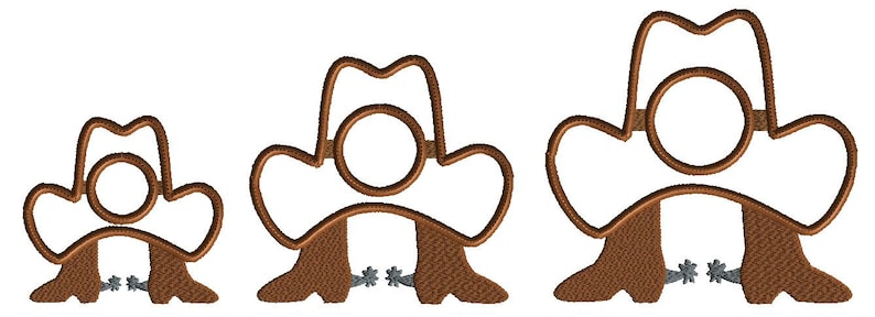 May include: Three brown cowboy hats with brown boots and silver spurs. The hats are different sizes.