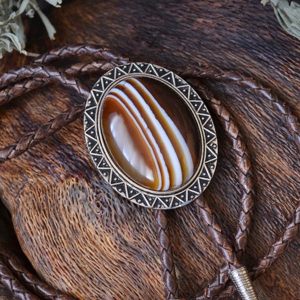 Brown Banded Agate Bolo Tie - Western Geometric Brown Stone Bola Tie Y Necklace - Handmade Brown Leather Lariat Necktie Choker - Men & Women
