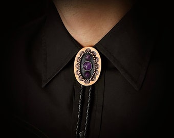 CUSTOM Amethyst Bolo Ties Silver Gold Copper Black Brown Leather Vegan Western Neck bow Gifts Men Women Stone Agate Wedding Groomsmen Bola