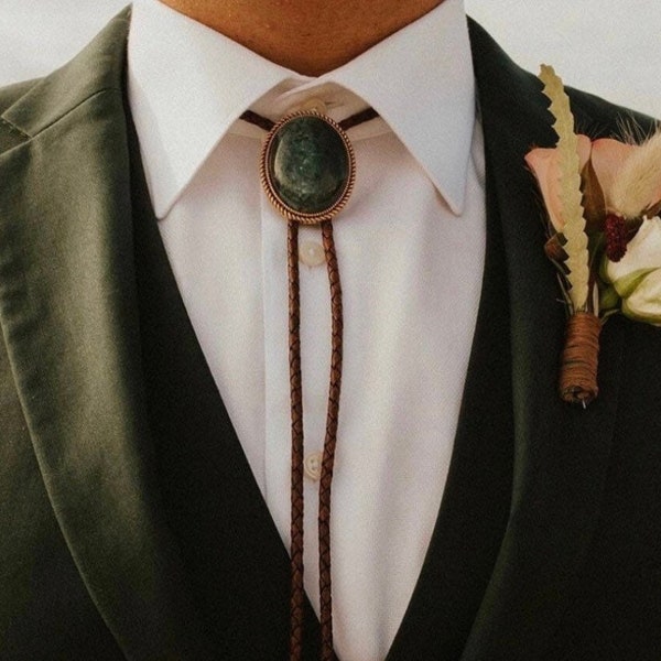 CUSTOM Moss Agate Bolo Ties [Silver Gold Copper Black Brown Leather Vegan Western Cowboy Men Women Stone Agate Wedding Groom Necktie]